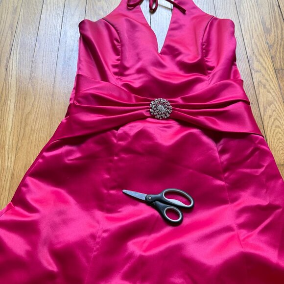 Vintage Jessica McClintock Gunne Sax Size 11/12 Fuchsia Satin Halter Y2K Gown - Picture 14 of 16